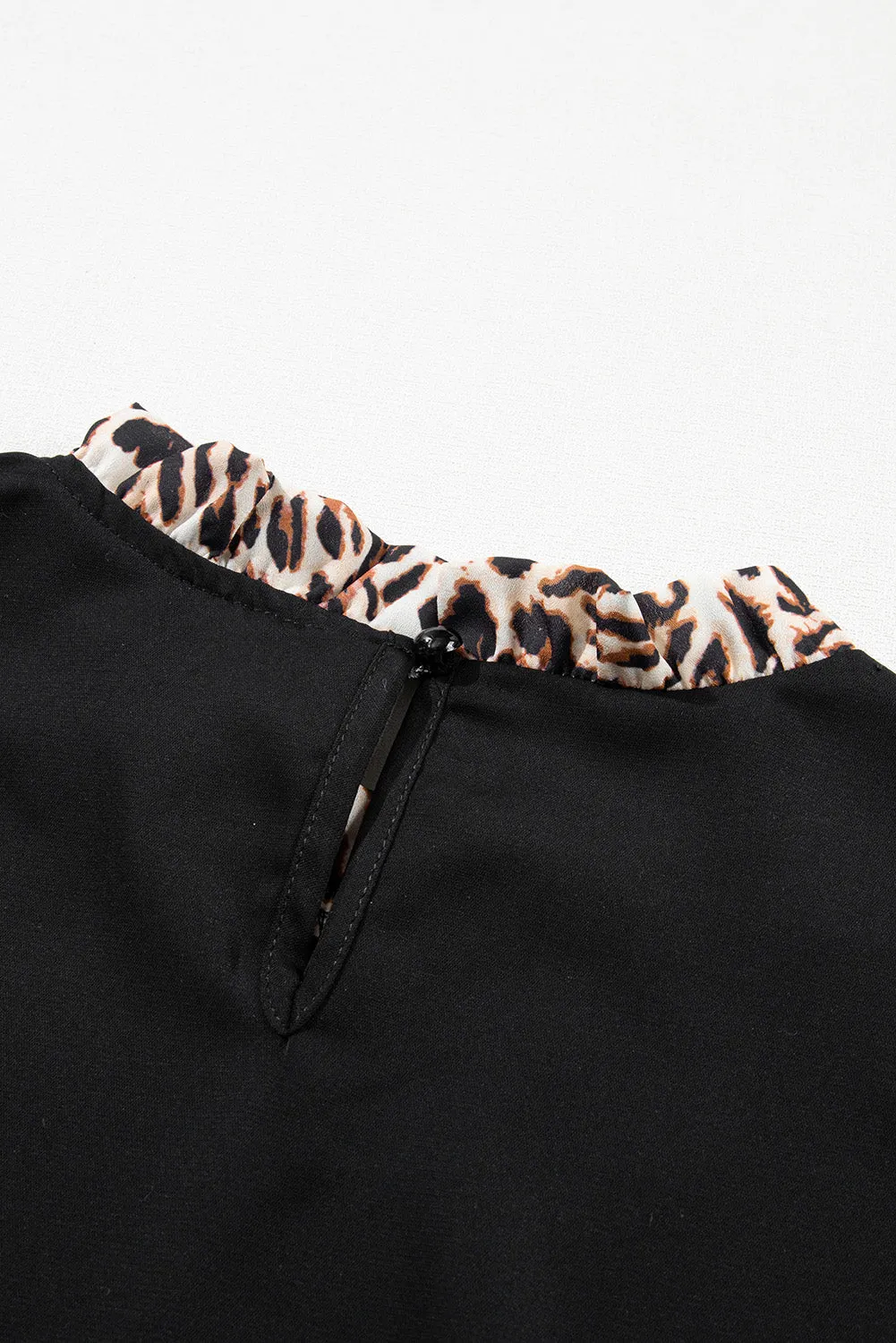 Black Leopard Print Lantern Sleeve Back Keyhole Blouse