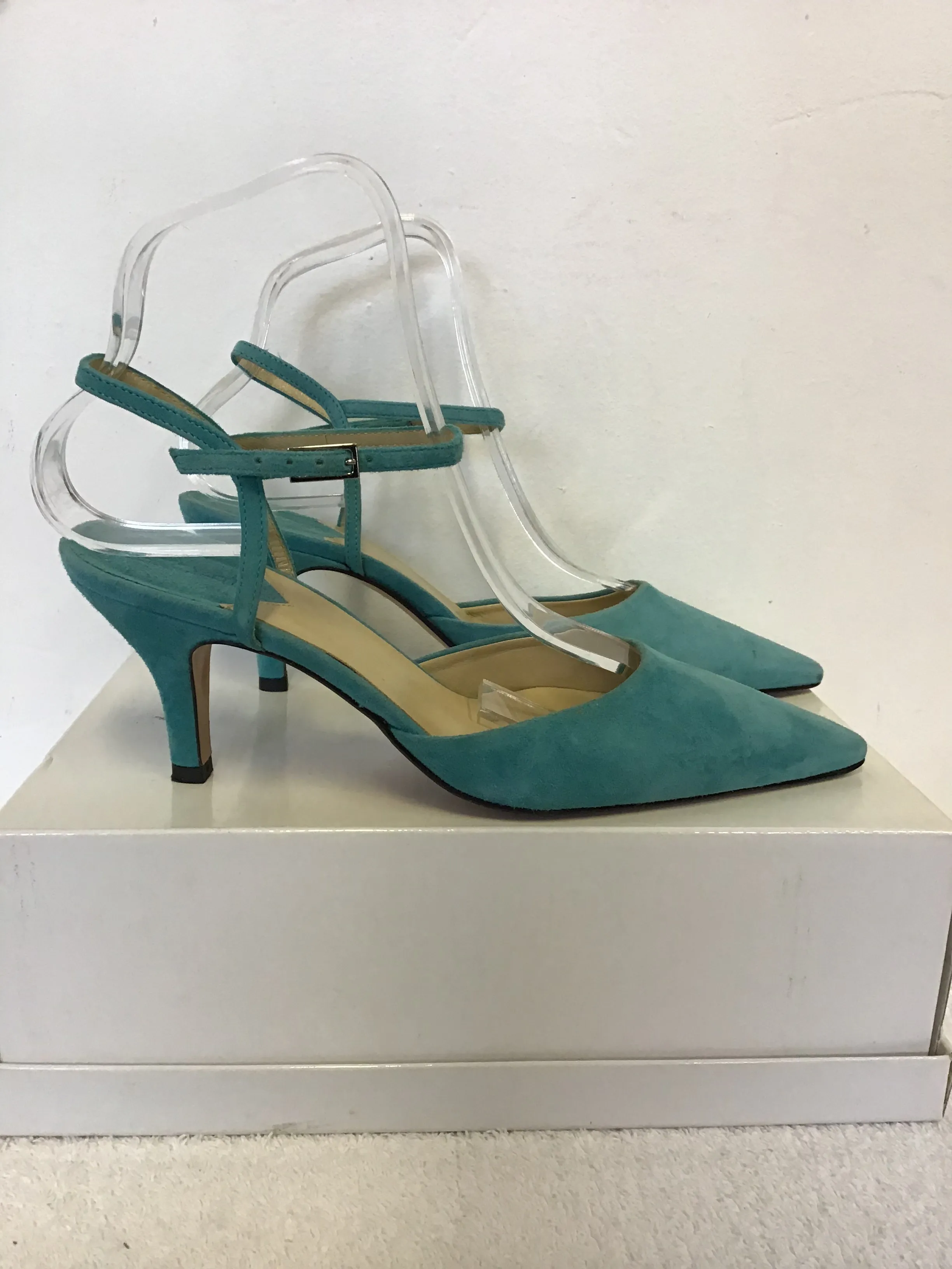 BRAND NEW HOBBS TURQUOISE SUEDE ANKLE STRAP HEELS SIZE 3.5/ 36.5