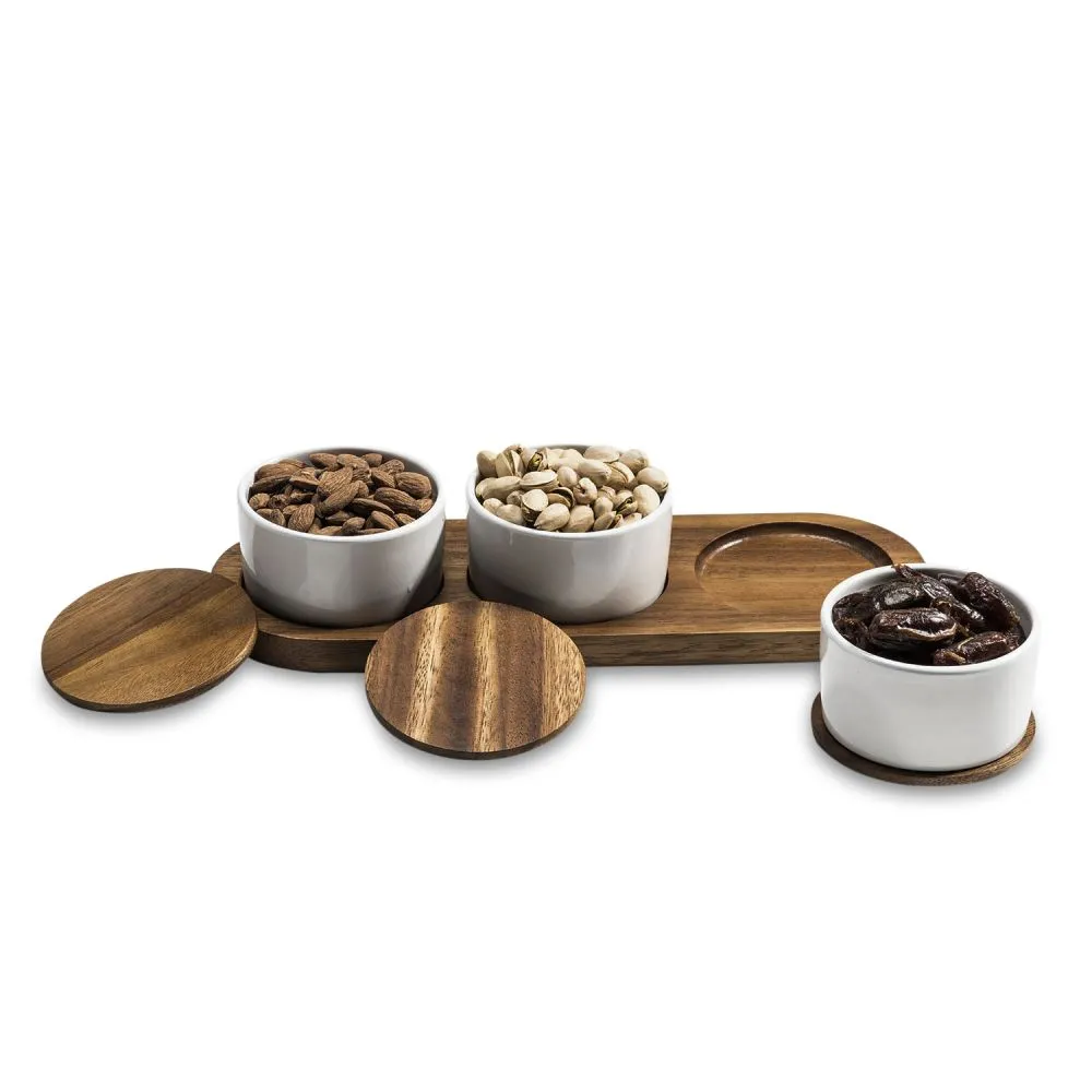 Condiment Serving Set  3 Ceramic Bowls with Lids  13" x 3.75"
