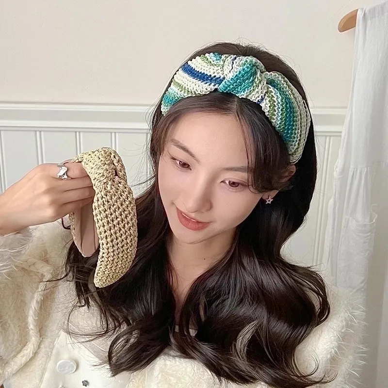 Elegant Lady Sweet Color Block Straw Hair Band
