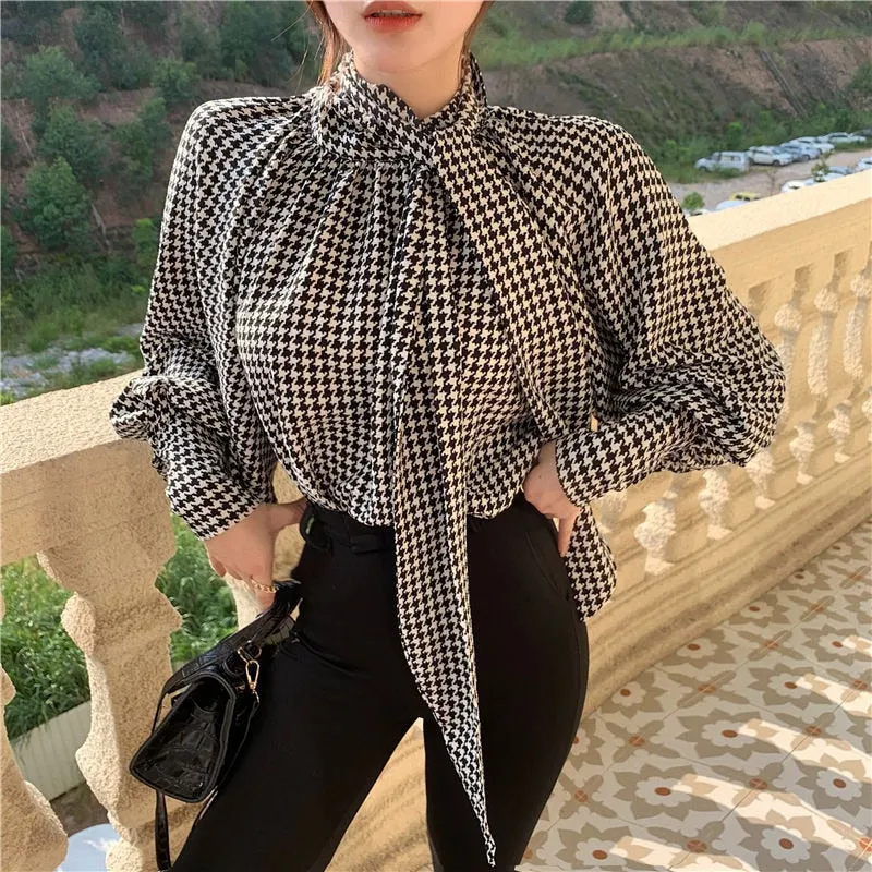 Elegant Women Houndstooth Blouse Fall Long Sleeve Fashion Bow Chiffon Office Ladies Tops Designed Autumn Female Shirt