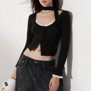 Fashion Knit Ribbed Chic Autumn T-shirt for Women Basic Buttons Up Lace Patched Korean Top Short Sweet Cottagecore