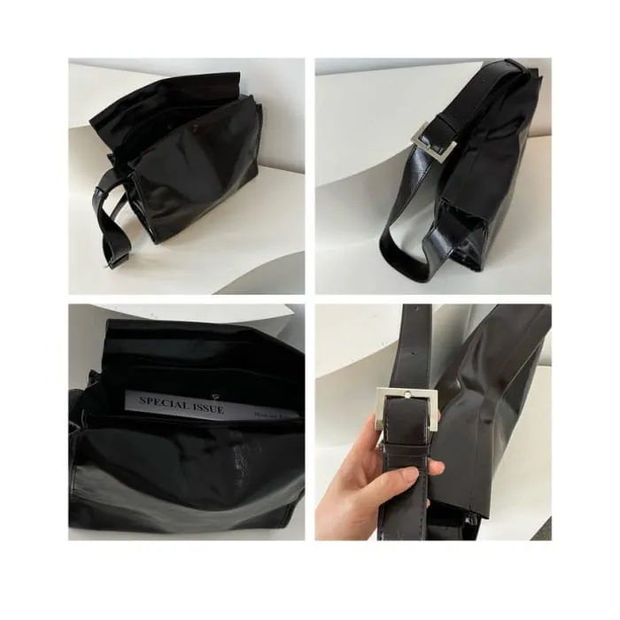 Faux Leather Plain Flap Shoulder Bag