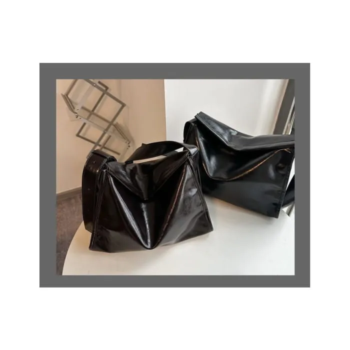 Faux Leather Plain Flap Shoulder Bag