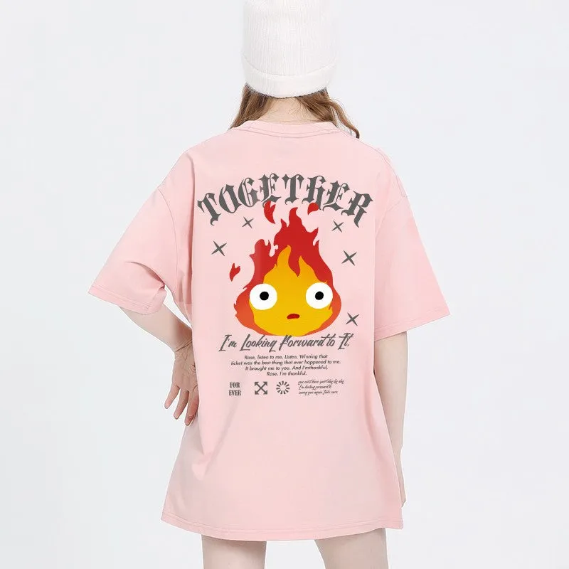 Flame short-sleeved petite t-shirt women's pure cotton