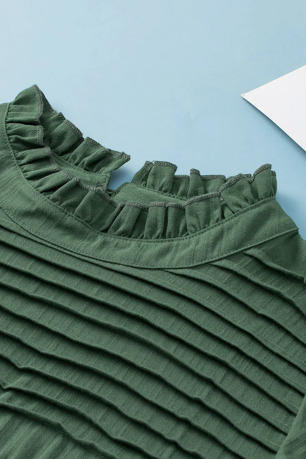 Green Ruffled Solid Color Pleated Long Sleeve Blouse