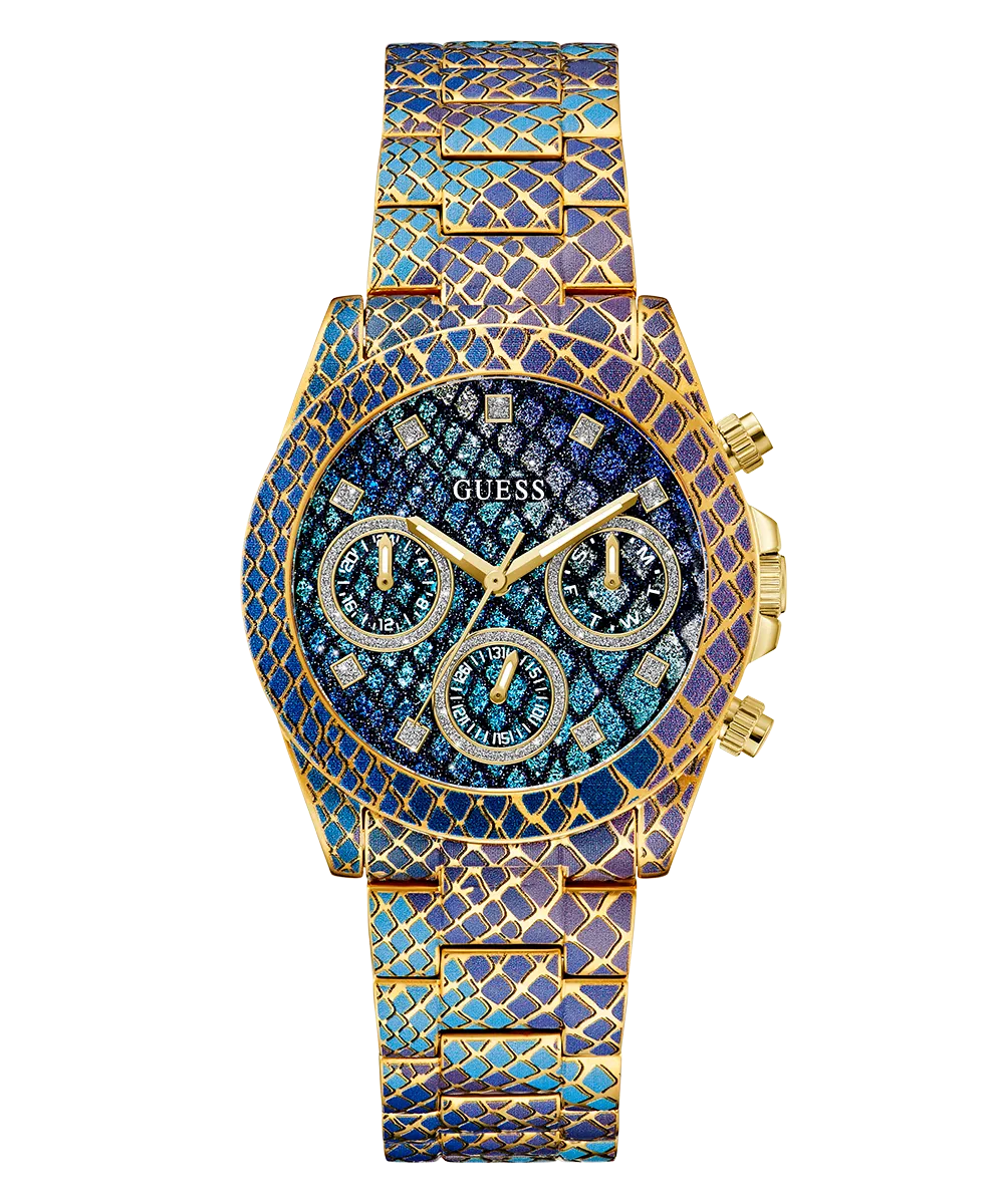 GUESS Ladies Blue Purple Gold Tone Multi-function Watch