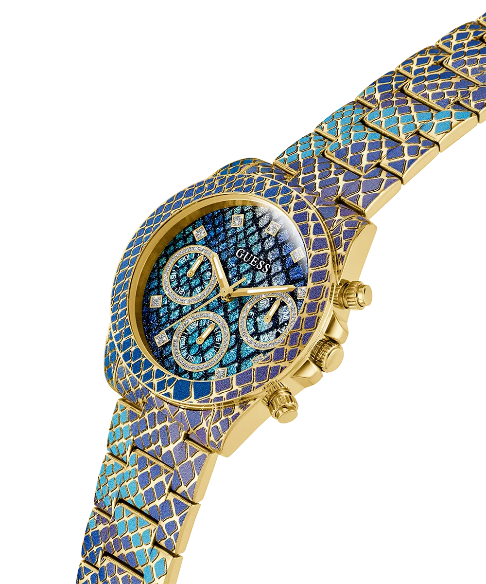 GUESS Ladies Blue Purple Gold Tone Multi-function Watch