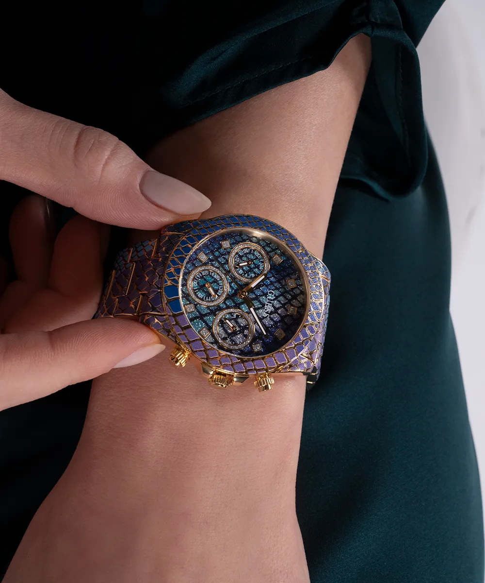 GUESS Ladies Blue Purple Gold Tone Multi-function Watch