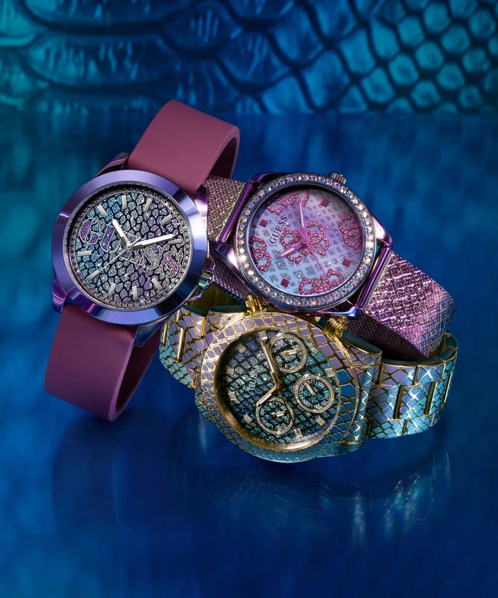 GUESS Ladies Blue Purple Gold Tone Multi-function Watch