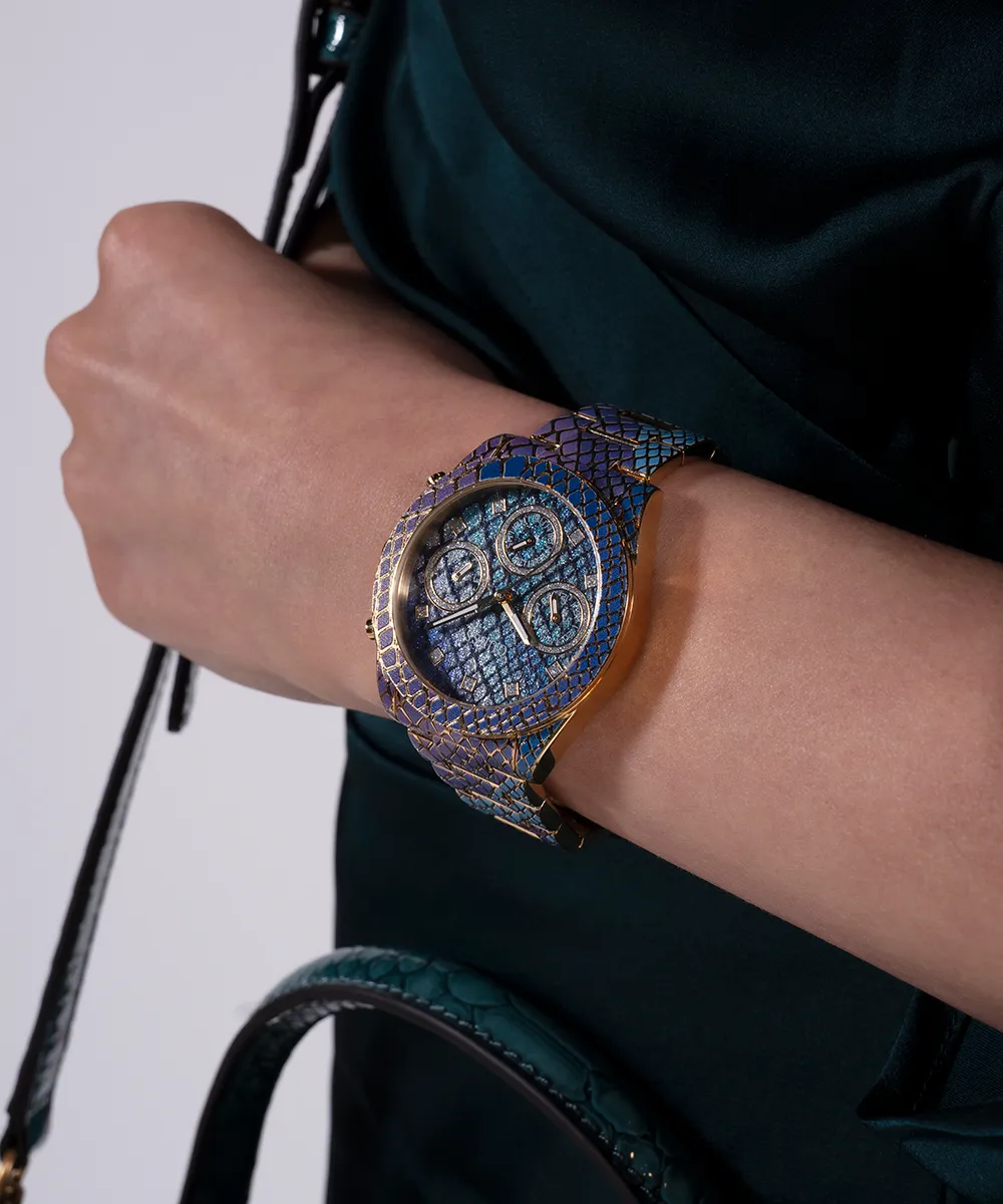 GUESS Ladies Blue Purple Gold Tone Multi-function Watch