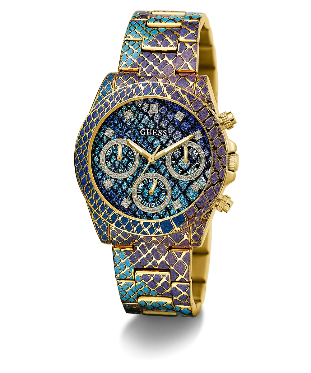 GUESS Ladies Blue Purple Gold Tone Multi-function Watch