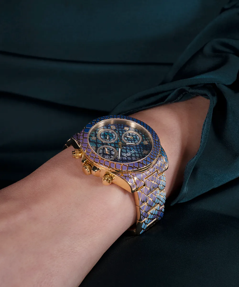 GUESS Ladies Blue Purple Gold Tone Multi-function Watch