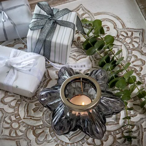 Hand Blown Smoked Grey Glass Star Tealight Holder