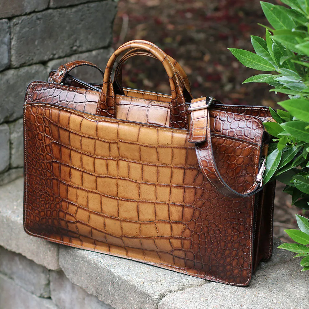 Hand Brushed Croco Double Gusset Top Zip Briefcase #K202