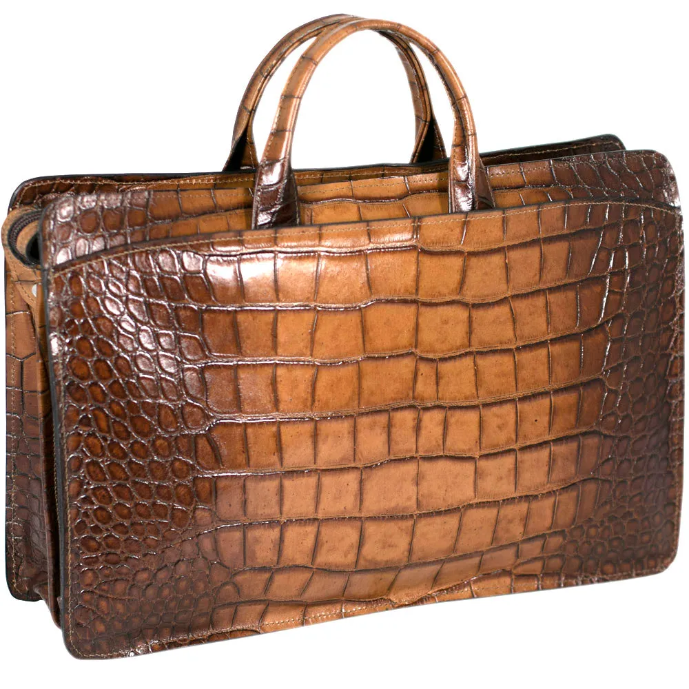 Hand Brushed Croco Double Gusset Top Zip Briefcase #K202