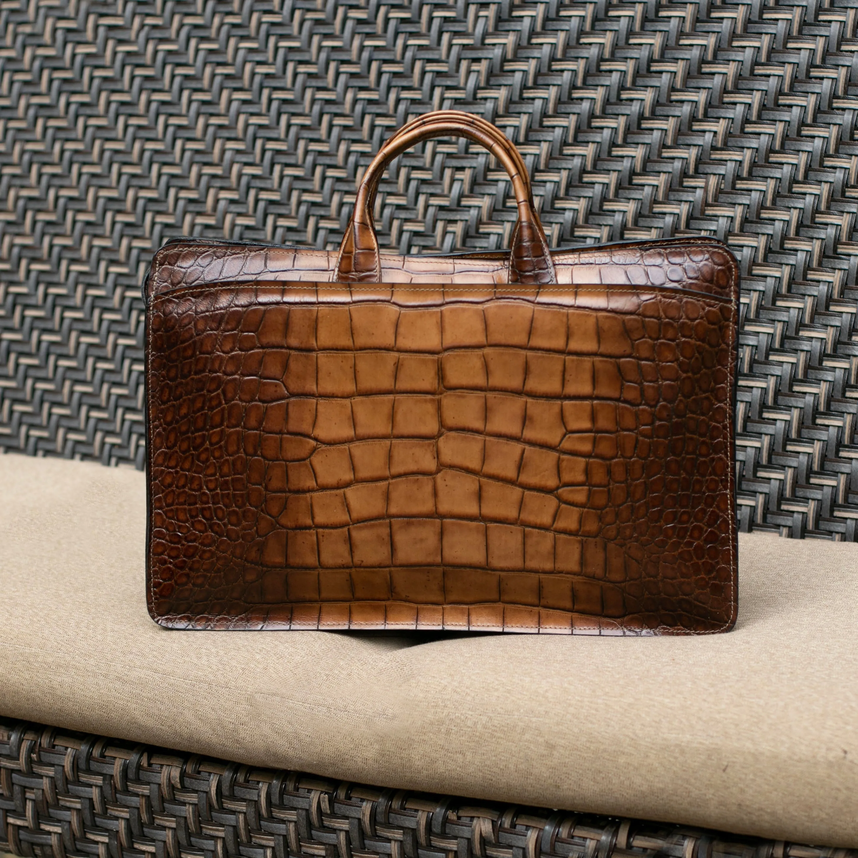 Hand Brushed Croco Double Gusset Top Zip Briefcase #K202