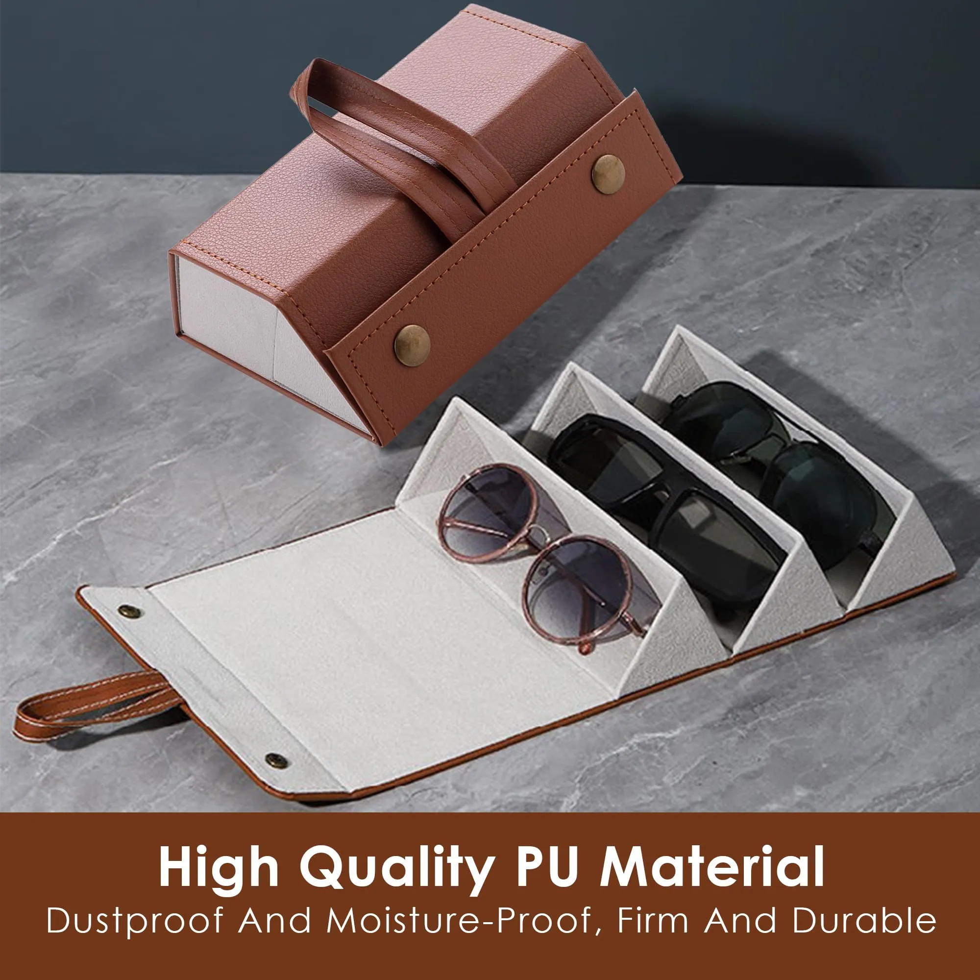 Kuber Industries 3 Slots Sunglasses Organizer | Hanging And Foldable Eyeglasses Case | Eyewear Display Containers For Women And Men | PU Leather Goggles Organizer Box Case | Brown | Pack of 2