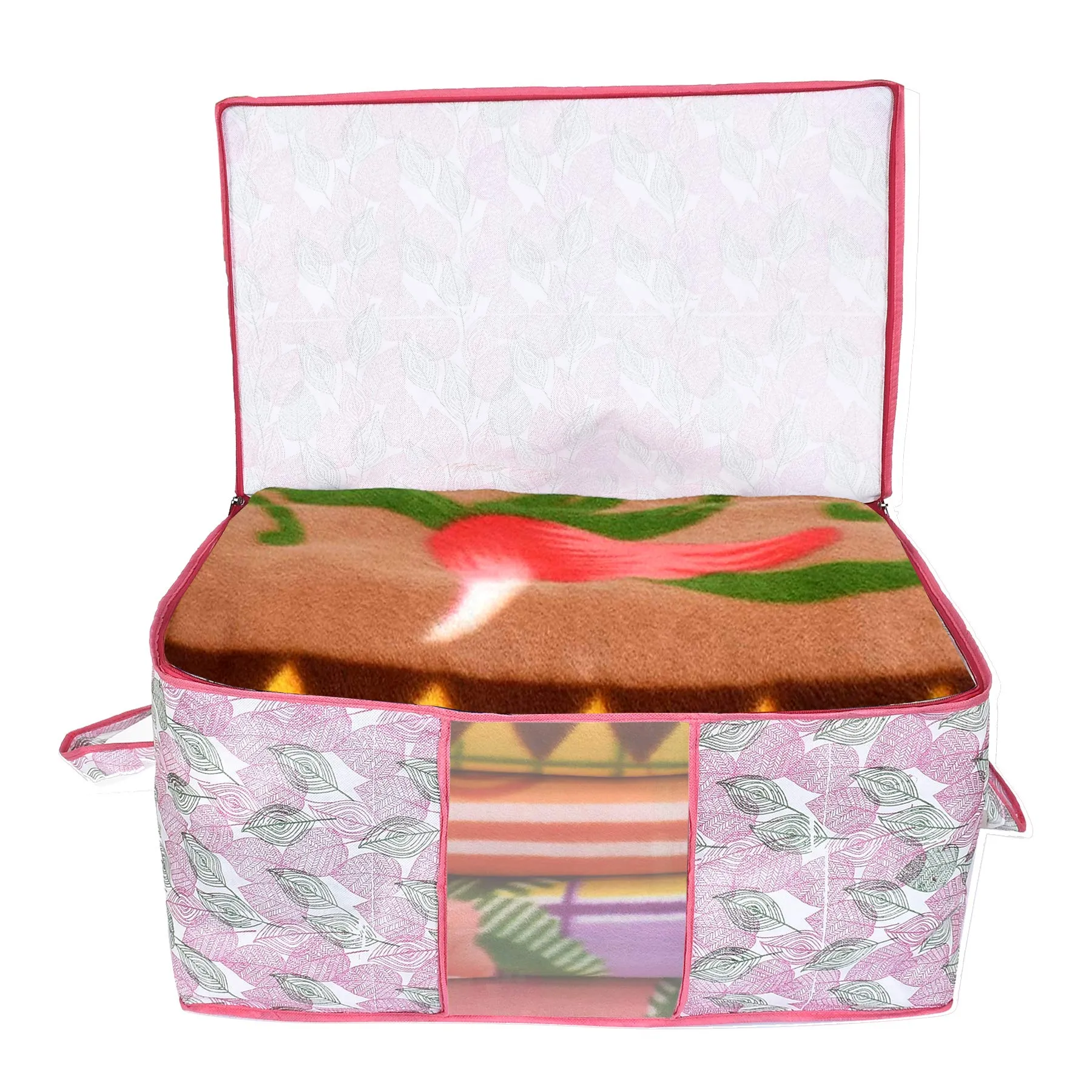 Kuber Industries Metalic Leafy Print Non Woven Saree Cover And Underbed Storage Bag, Storage Organiser, Blanket Cover (Set of 2,Pink)-KUBMART16687