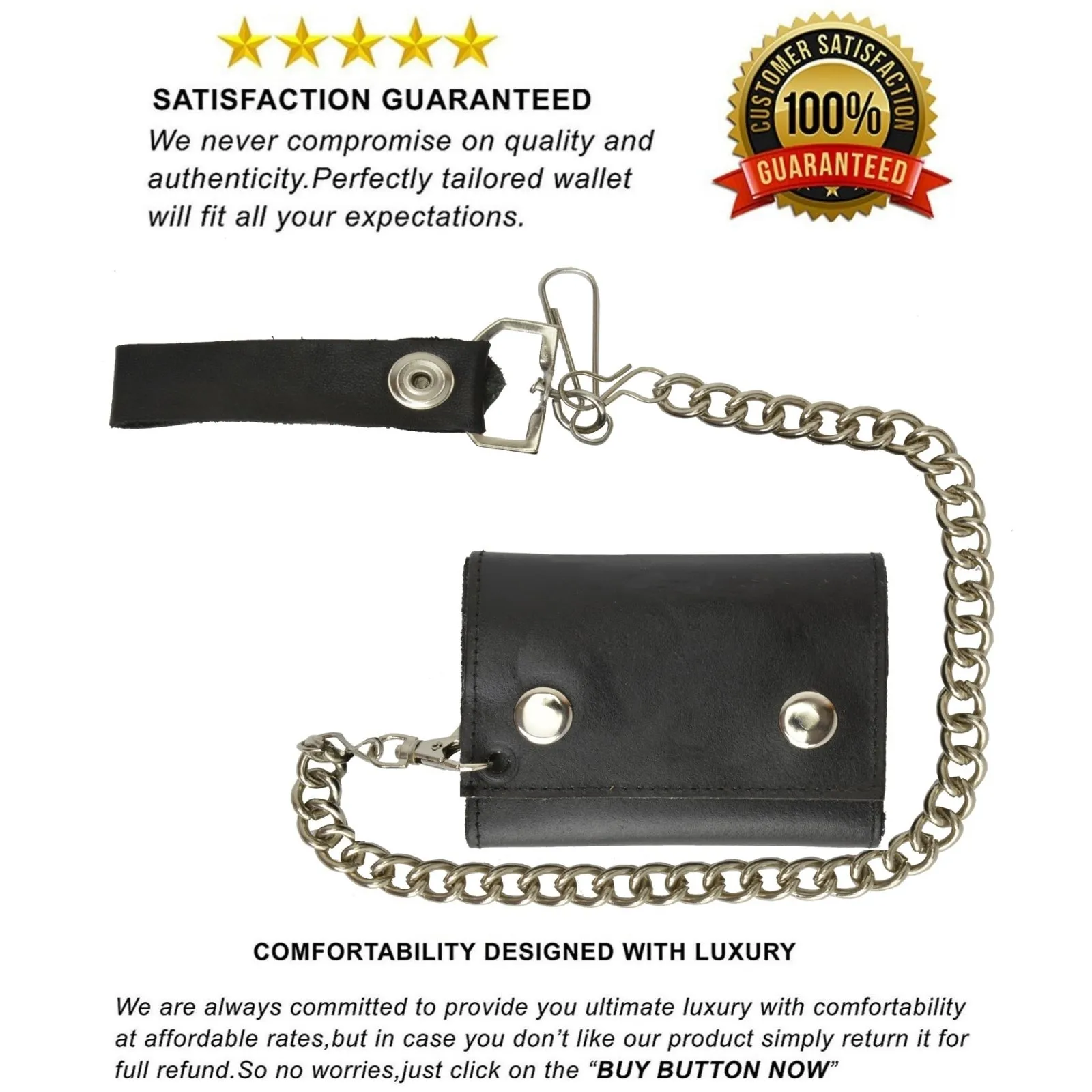 Marshal Genuine Leather Men's Trifold Wallet with Chain Biker Trucker Black