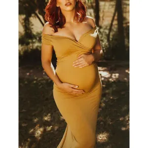 Maternity Elegant Boat Neck Pure Color Ruched Dress