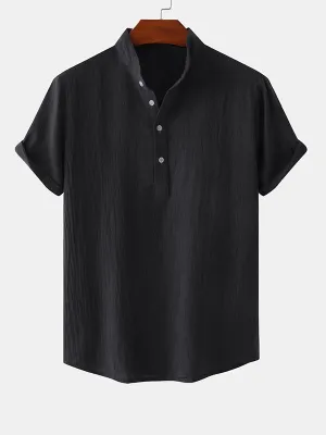 Men's Cotton Linen Textured Half Placket Short Sleeve Shirt
