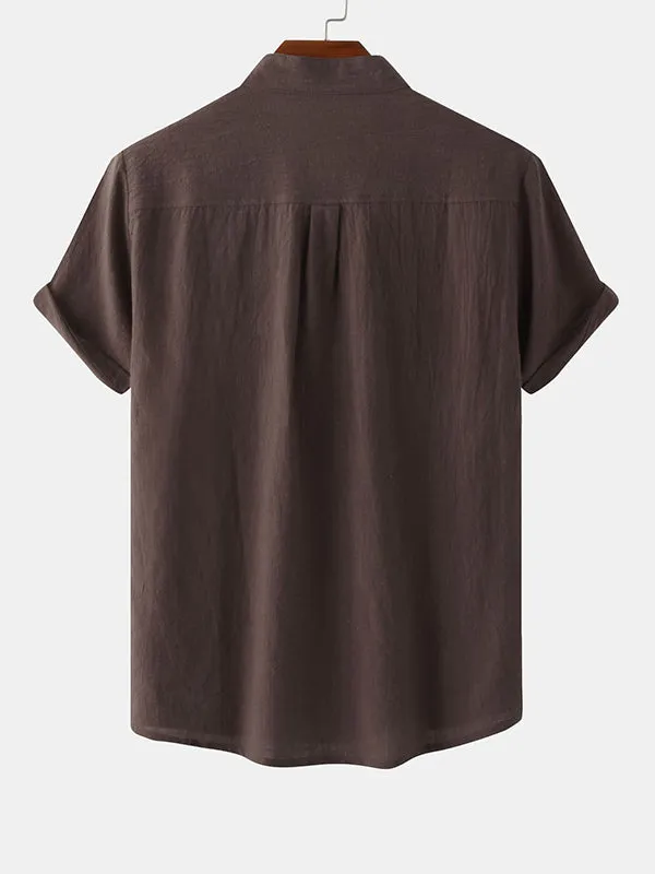 Men's Cotton Linen Textured Half Placket Short Sleeve Shirt