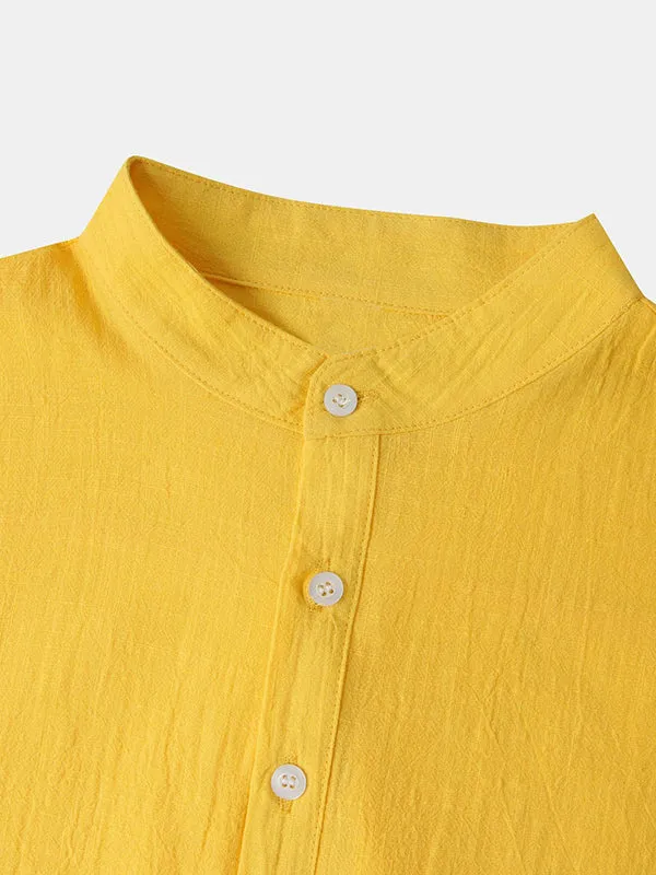 Men's Cotton Linen Textured Half Placket Short Sleeve Shirt