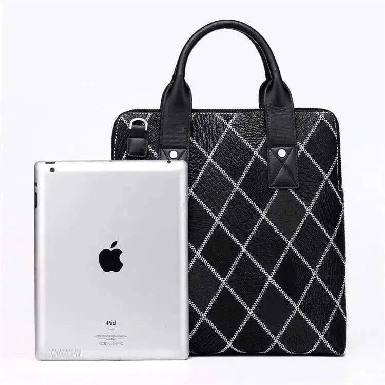 Mens Genuine Woven Ostrich Leather Briefcase Handbag Messenger Top Handle Bags