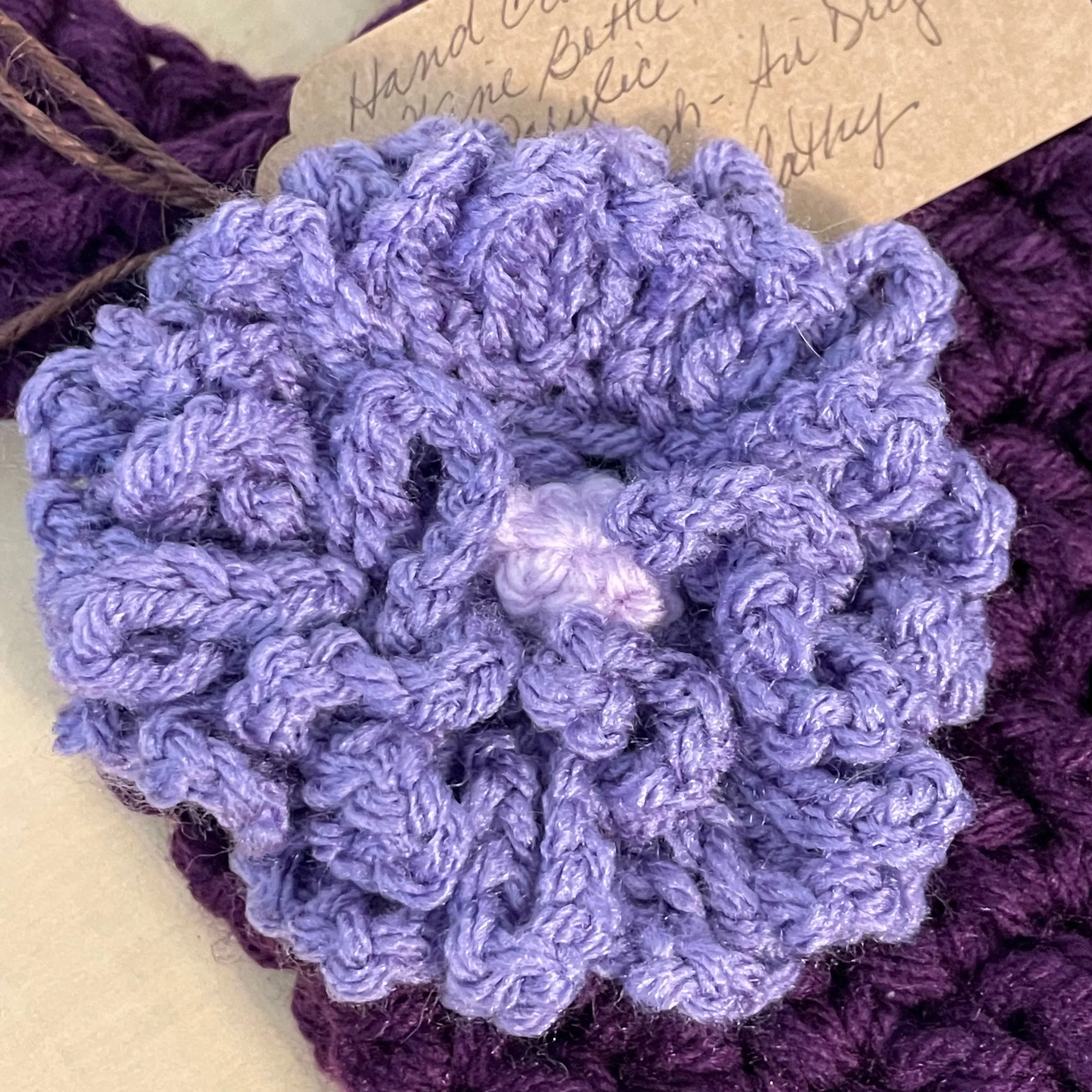 Purple & Lilac Floral Wine Bottle Carrier Holder Gift Bag Crochet Knit Embellished Hand Crafted