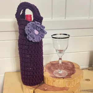 Purple & Lilac Floral Wine Bottle Carrier Holder Gift Bag Crochet Knit Embellished Hand Crafted
