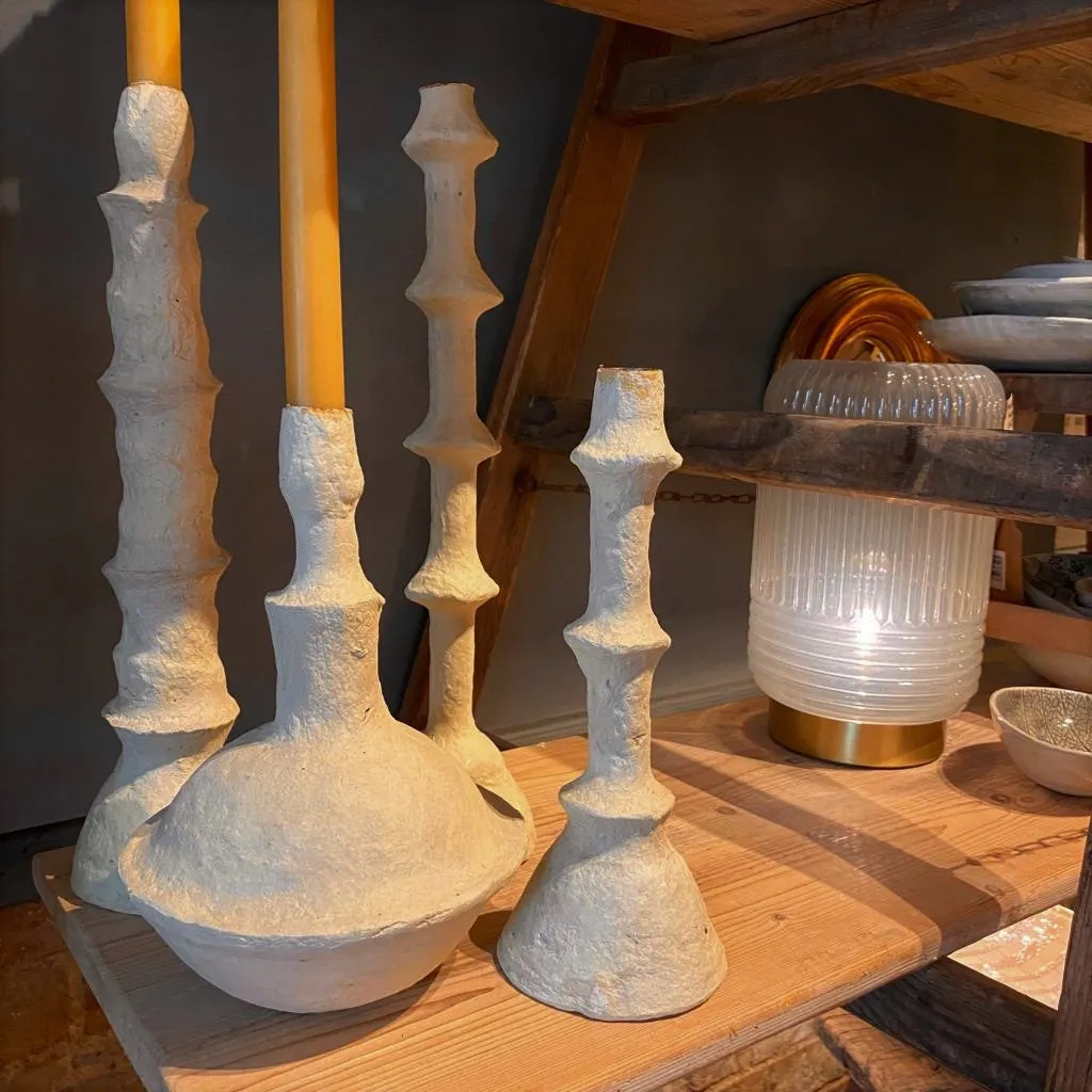 Rustic Papier Mache Candlestick - Emilia