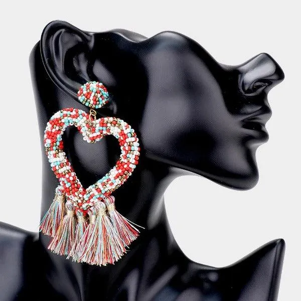 Seed Bead Heart Multi Tassel Earrings