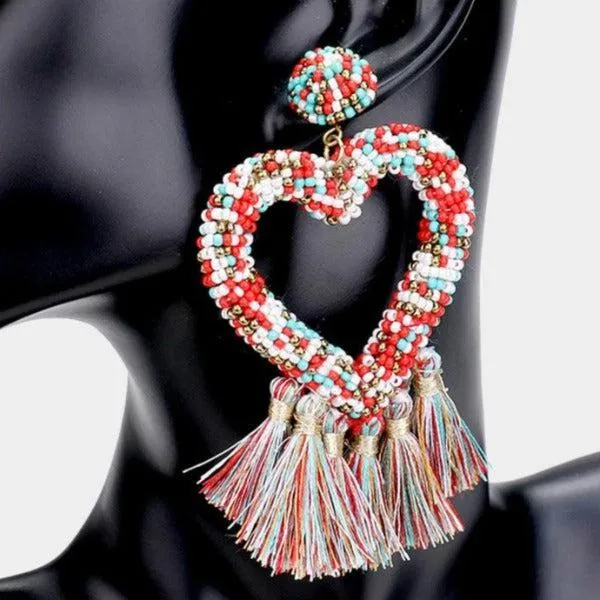 Seed Bead Heart Multi Tassel Earrings