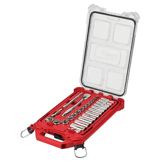 Socket Set - Milwaukee 3/8” Drive 28pc Ratchet & Socket Set with PACKOUT™ Low-Profile Compact Organizer - SAE, 48-22-9481