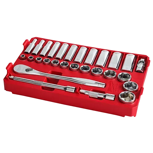 Socket Set - Milwaukee 3/8” Drive 28pc Ratchet & Socket Set with PACKOUT™ Low-Profile Compact Organizer - SAE, 48-22-9481