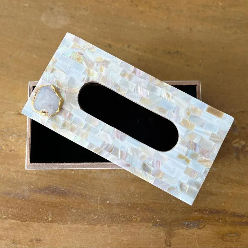 Suzzaine Handcrafted Mother Of Pearl & Agate Tissue Box - White