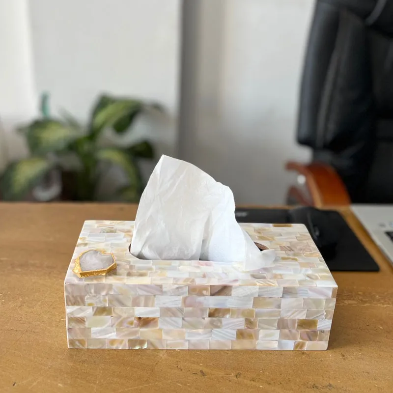 Suzzaine Handcrafted Mother Of Pearl & Agate Tissue Box - White