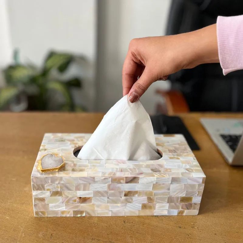 Suzzaine Handcrafted Mother Of Pearl & Agate Tissue Box - White