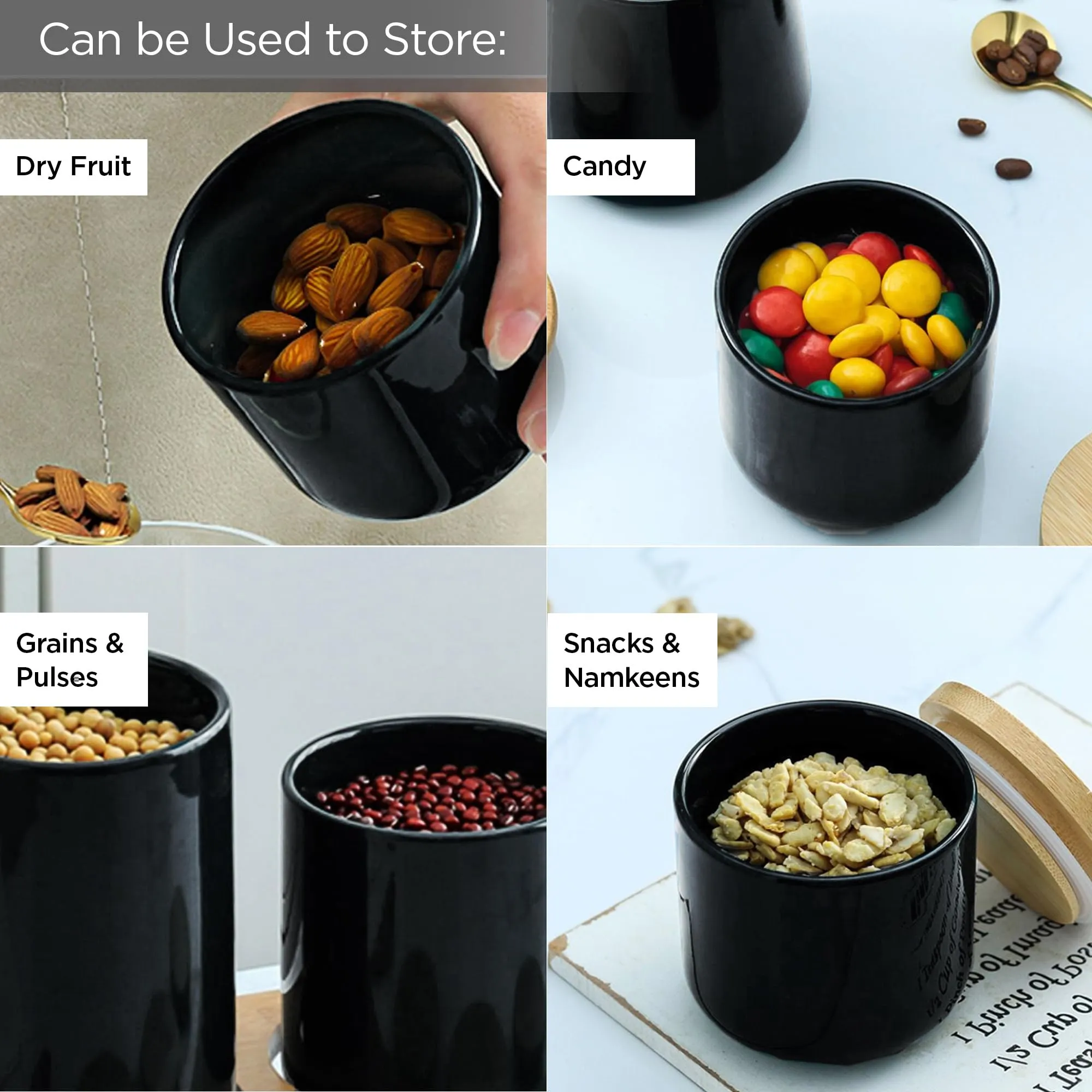 UMAI 260ml Ceramic Jars for Kitchen Storage | Air Tight Container Set with Bamboo Lid | Kitchen Container for Snacks, Tea, Sugar | Multipurpose Organizer | Black | Pack of 2