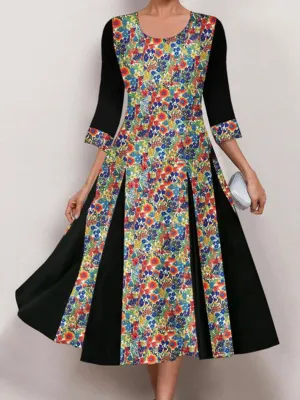 Vintage Elegant Round Neck Color Block Floral Dress