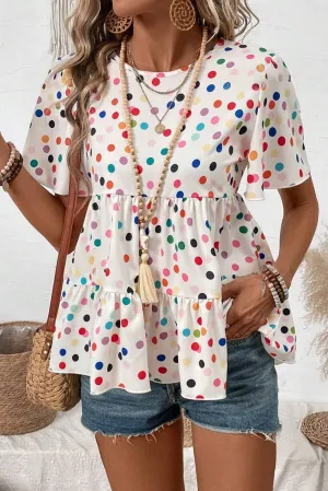 White Colorful Polka Dot Short Sleeve Tiered Ruffle Babydoll Blouse