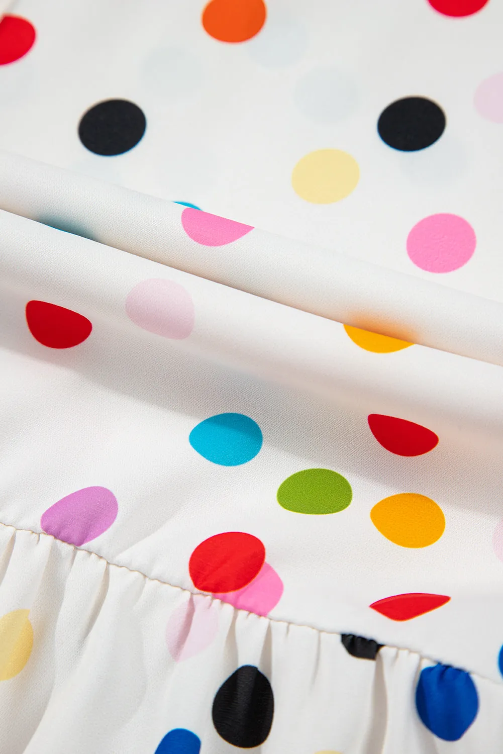 White Colorful Polka Dot Short Sleeve Tiered Ruffle Babydoll Blouse
