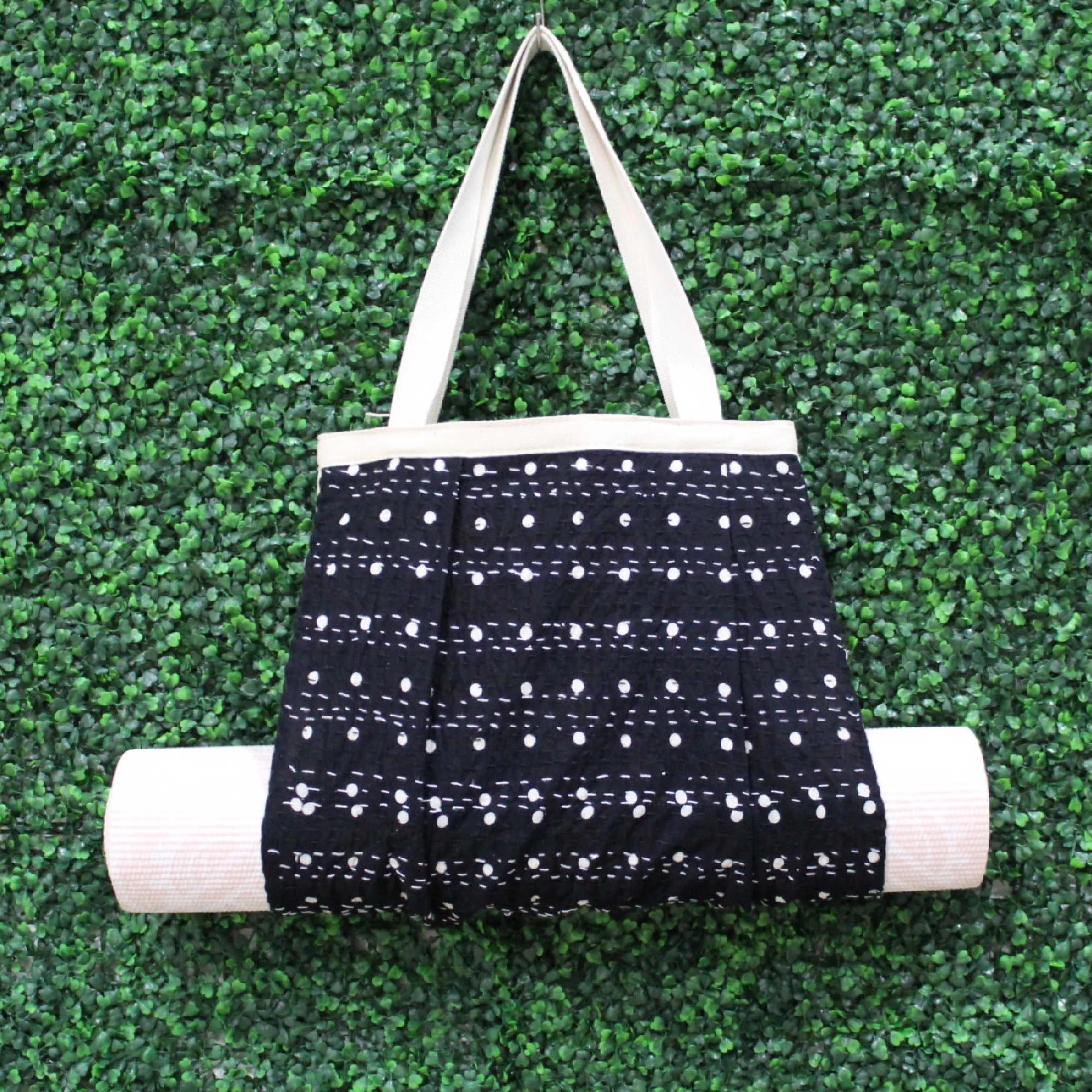 Yoga Mat Bag Purse with Pocket | Black with White Dots