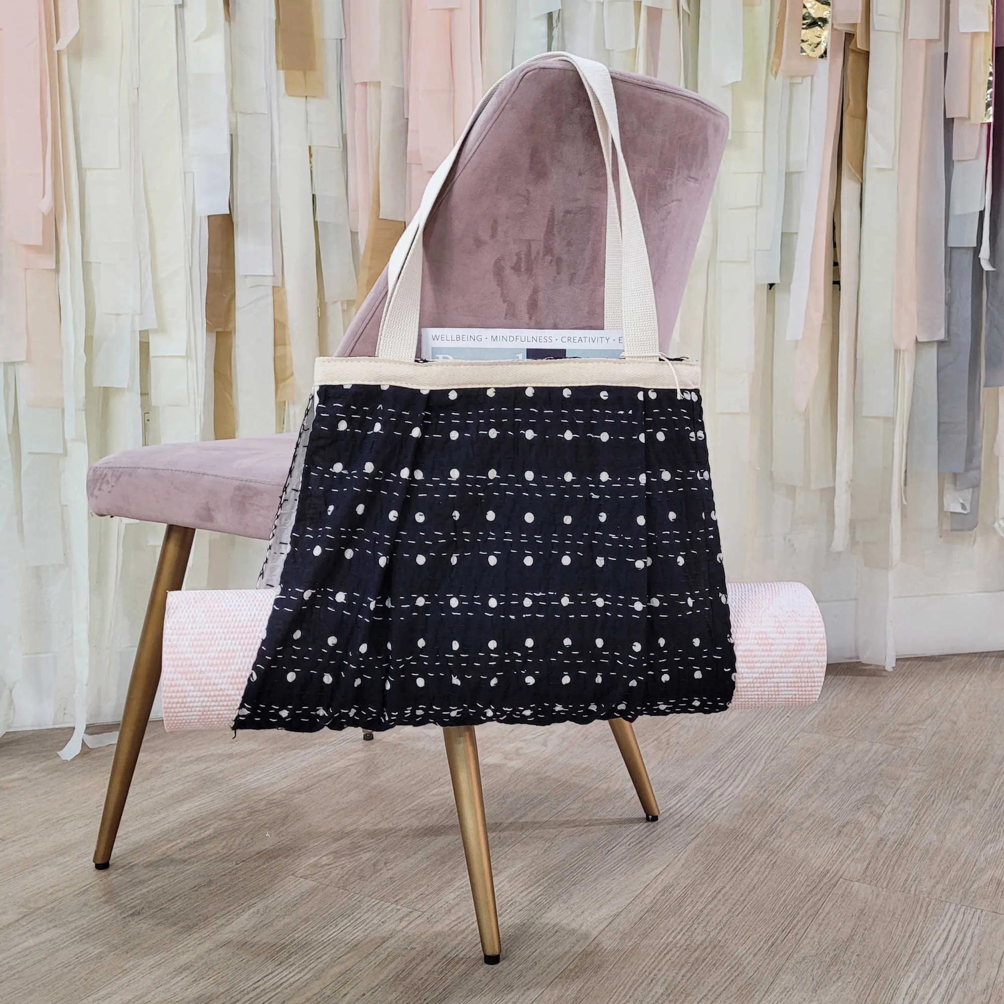 Yoga Mat Bag Purse with Pocket | Black with White Dots
